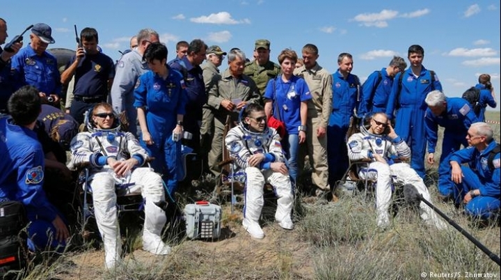 Back home. Astronauts from International Space Station land in Kazakhstan's steppe