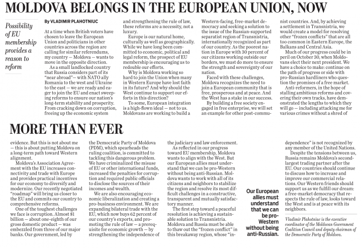 Vlad Plahotniuc in Politico magazine article: "Moldova belongs in European Union, now more than ever"