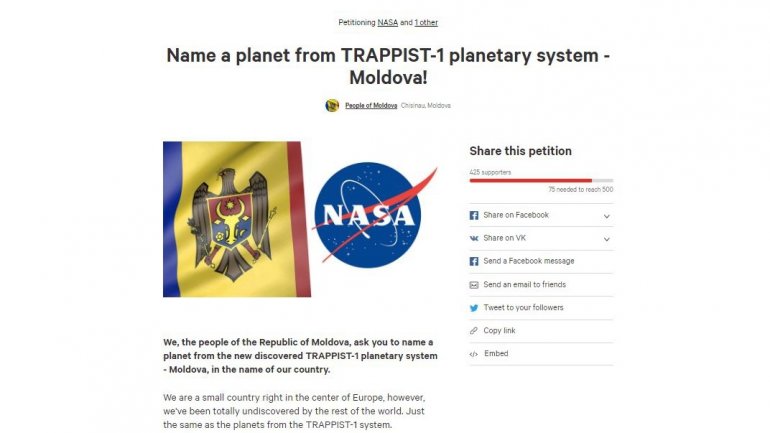 Petition to NASA: Name a planet from TRAPPIST-1 planetary system - MOLDOVA