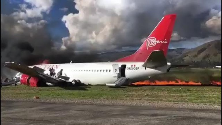 Terrifying moment Peruvian Airlines jet bursts into flames during crash landing (VIDEO)