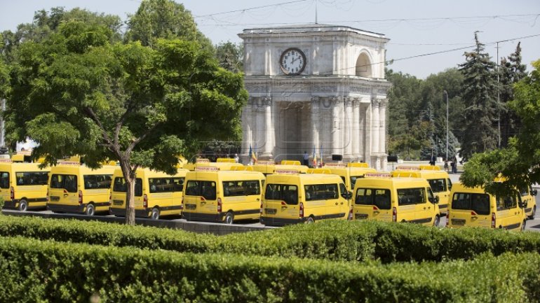 96 school minibuses donated to Moldovan villiages by Romania. Drone photos 