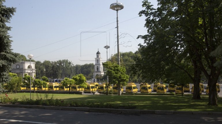 96 school minibuses donated to Moldovan villiages by Romania. Drone photos 