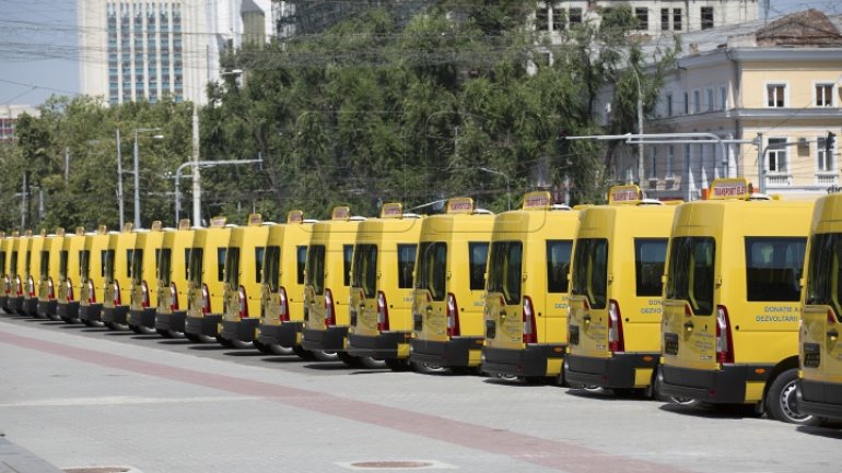 96 school minibuses donated to Moldovan villiages by Romania. Drone photos 