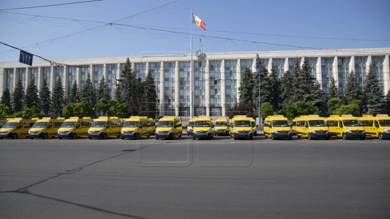 96 school minibuses donated to Moldovan villiages by Romania. Drone photos 