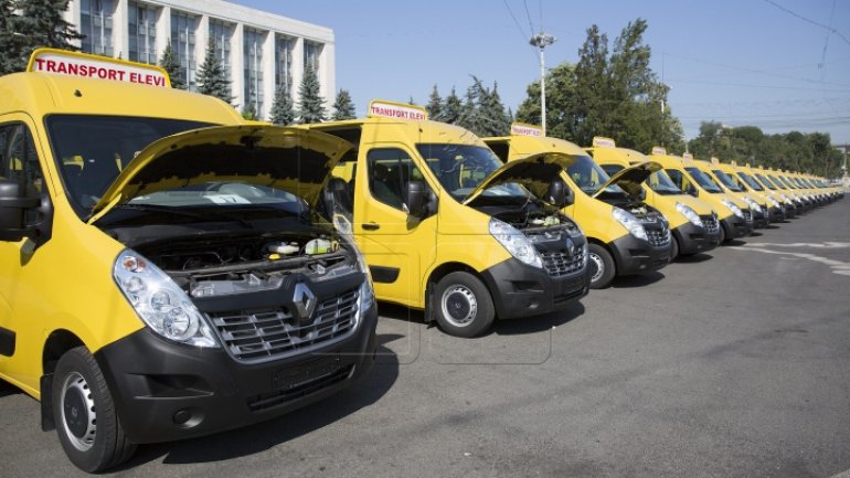 96 school minibuses donated to Moldovan villiages by Romania. Drone photos 