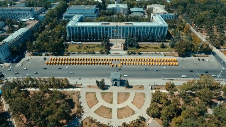 96 school minibuses donated to Moldovan villiages by Romania. Drone photos 