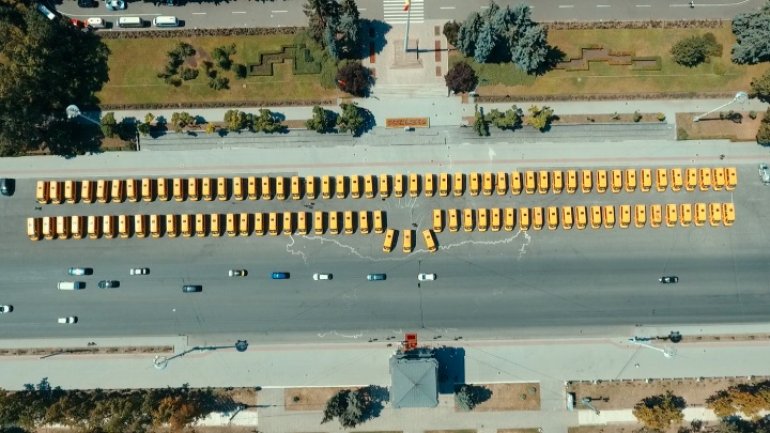 96 school minibuses donated to Moldovan villiages by Romania. Drone photos 