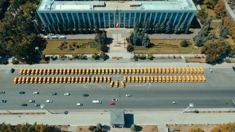 96 school minibuses donated to Moldovan villiages by Romania. Drone photos 