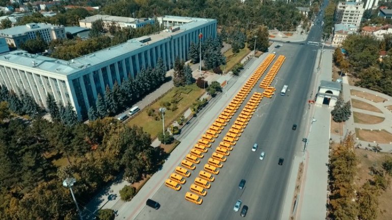 96 school minibuses donated to Moldovan villiages by Romania. Drone photos 