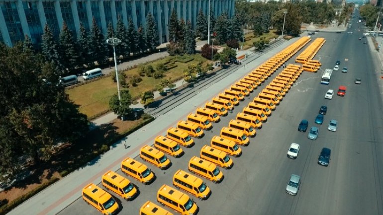 96 school minibuses donated to Moldovan villiages by Romania. Drone photos 