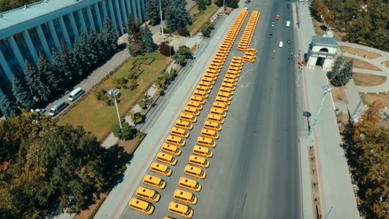 96 school minibuses donated to Moldovan villiages by Romania. Drone photos 