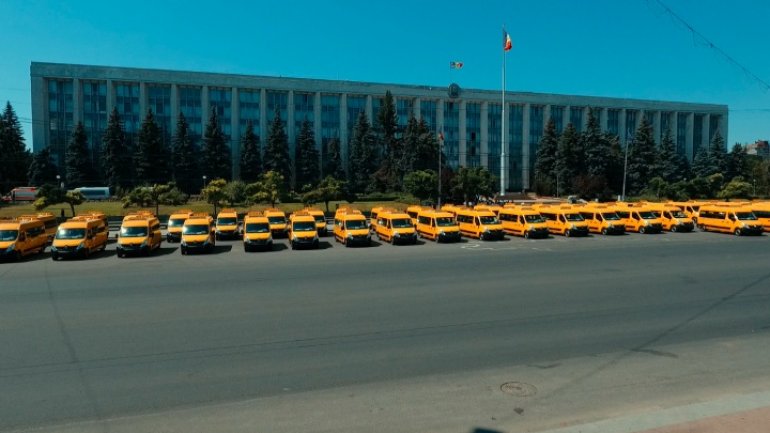 96 school minibuses donated to Moldovan villiages by Romania. Drone photos 