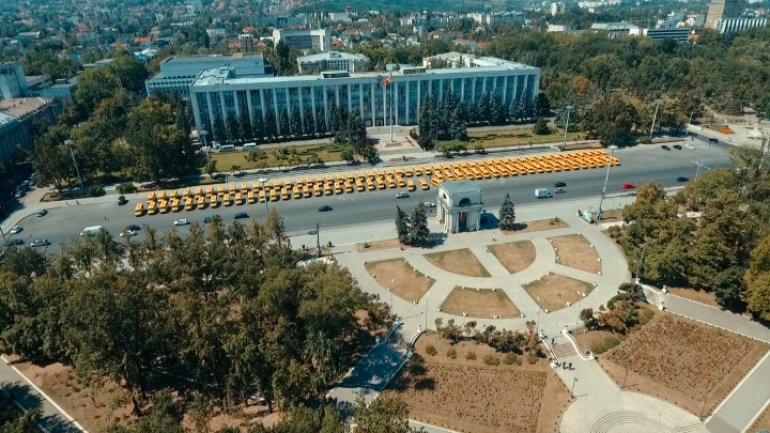 96 school minibuses donated to Moldovan villiages by Romania. Drone photos 