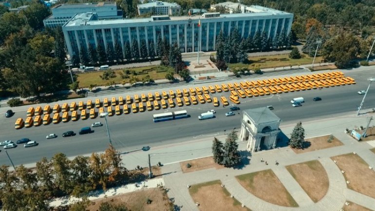 96 school minibuses donated to Moldovan villiages by Romania. Drone photos 