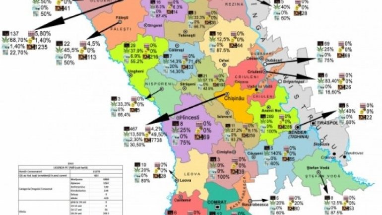 Law enforcement created map of Moldova displaying data of drug abuse in each region