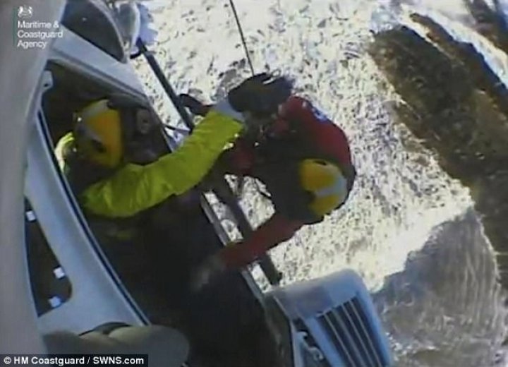 Two young men clinging to rocks were plucked to safety from sea by helicopter 