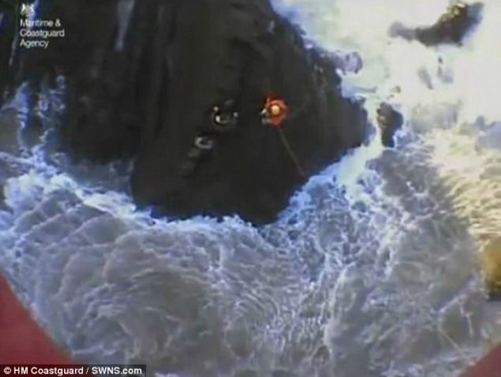 Two young men clinging to rocks were plucked to safety from sea by helicopter 