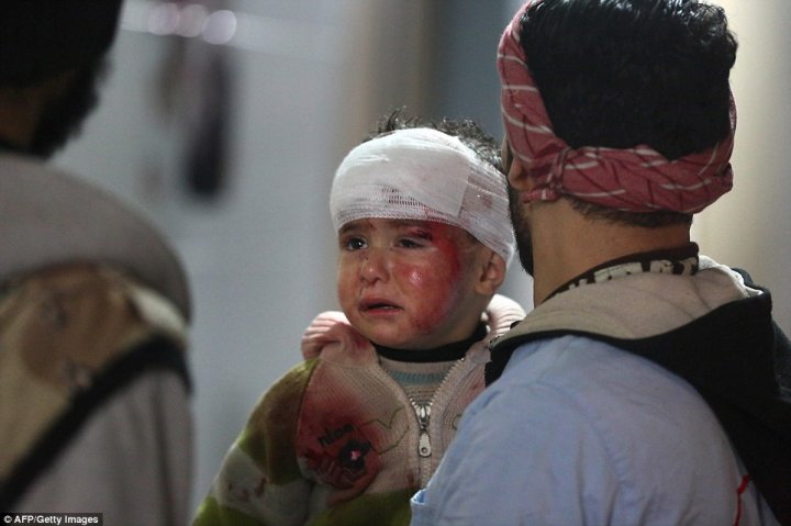 Horrifying footage from the rebel-held enclave of Eastern Ghouta in Syria shows women and children running for their lives as dust settles after yet another government air strike