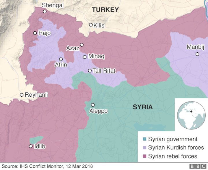 Turkish military says it has surrounded the Kurdish-held city of Afrin in northern Syria, focus on offensive against Kurdish militia