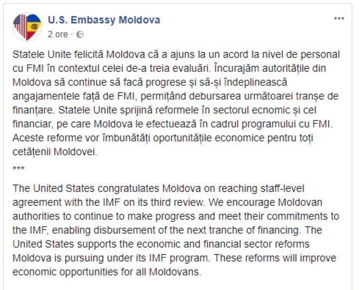 US Embassy to Moldova congratulates Republic of Moldova on reaching staff-level agreement with the International Monetary Fund.  