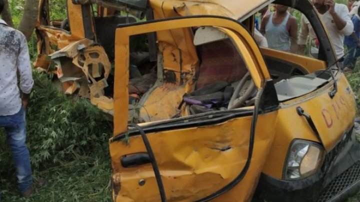 Thirteen children died after their school bus collided with train in India