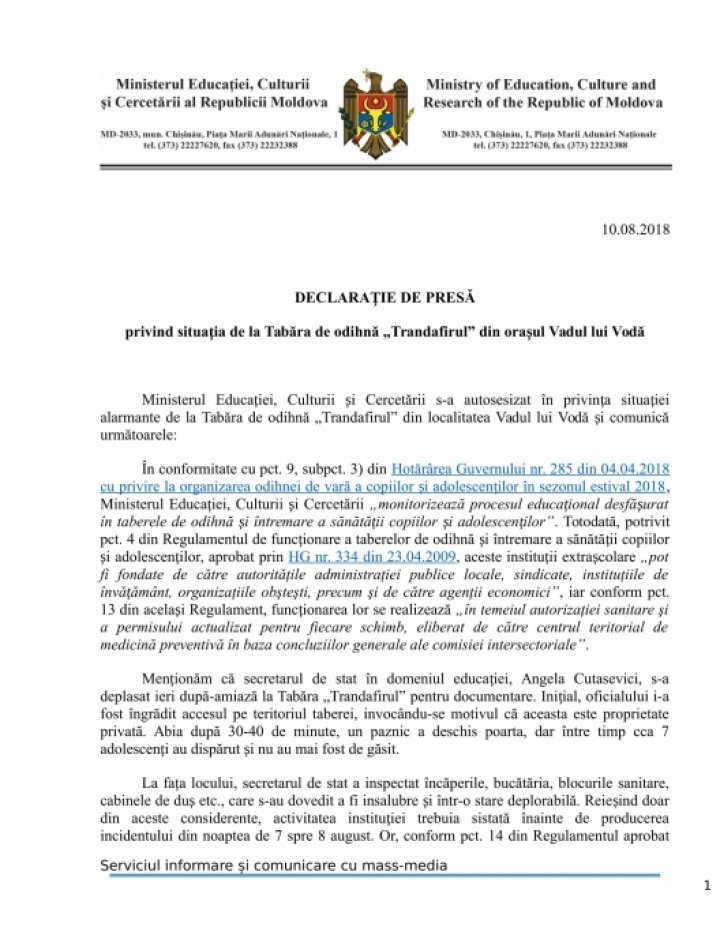 Press release regarding condition of Rose summer camp from Vadul lui Voda (PHOTO)