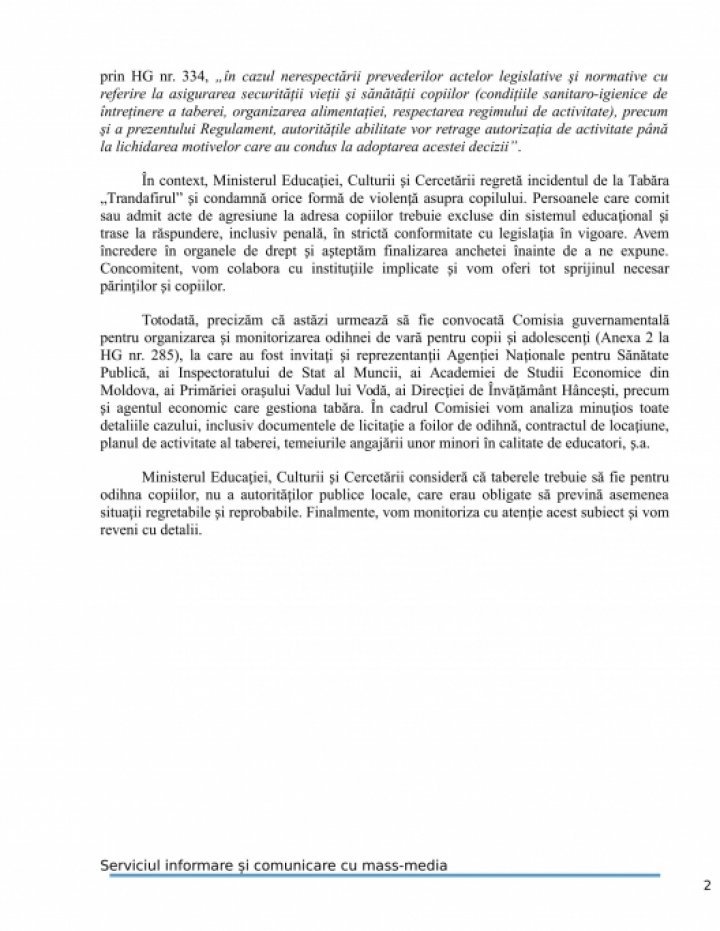 Press release regarding condition of Rose summer camp from Vadul lui Voda (PHOTO)