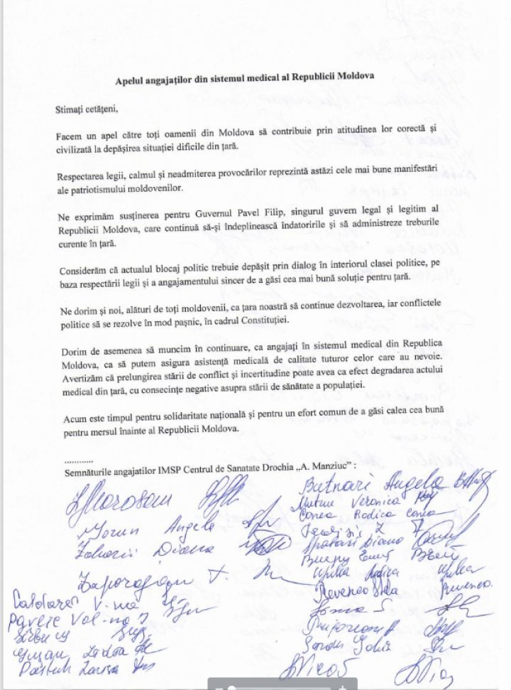 Drochia doctors support the only legitimate Government, the Filip one (DOCUMENT)
