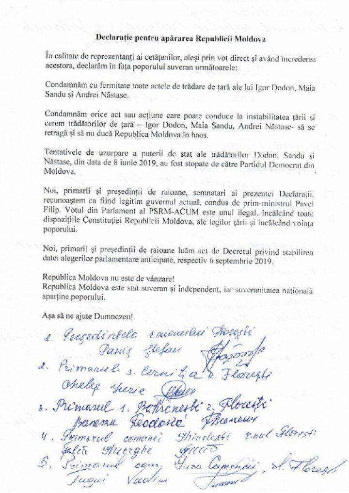 Leaders in Ștefan Vodă, Telenești, Strășeni, Soroca and Florești condemn treason of Igor Dodon, Andrei Nastase and Maia Sandu