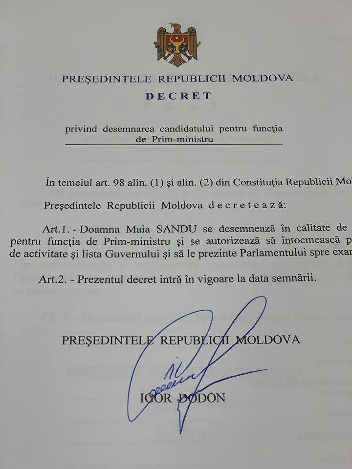 Igor Dodon named Maia Sandu as Republic of Moldova's prime minister (DOC)