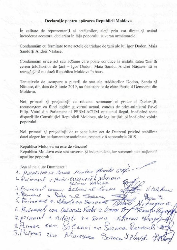 Leaders in Ștefan Vodă, Telenești, Strășeni, Soroca and Florești condemn treason of Igor Dodon, Andrei Nastase and Maia Sandu