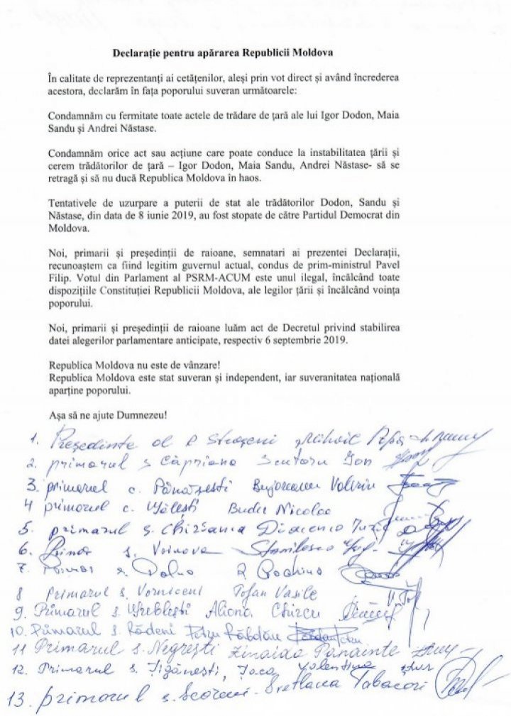 Leaders in Ștefan Vodă, Telenești, Strășeni, Soroca and Florești condemn treason of Igor Dodon, Andrei Nastase and Maia Sandu