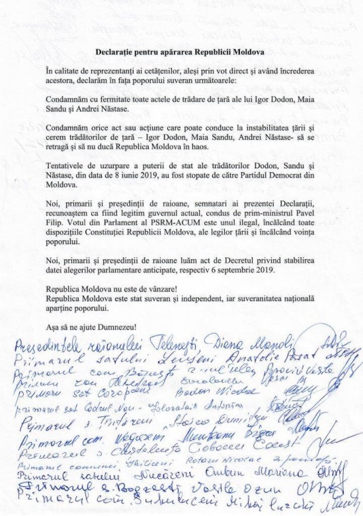 Leaders in Ștefan Vodă, Telenești, Strășeni, Soroca and Florești condemn treason of Igor Dodon, Andrei Nastase and Maia Sandu