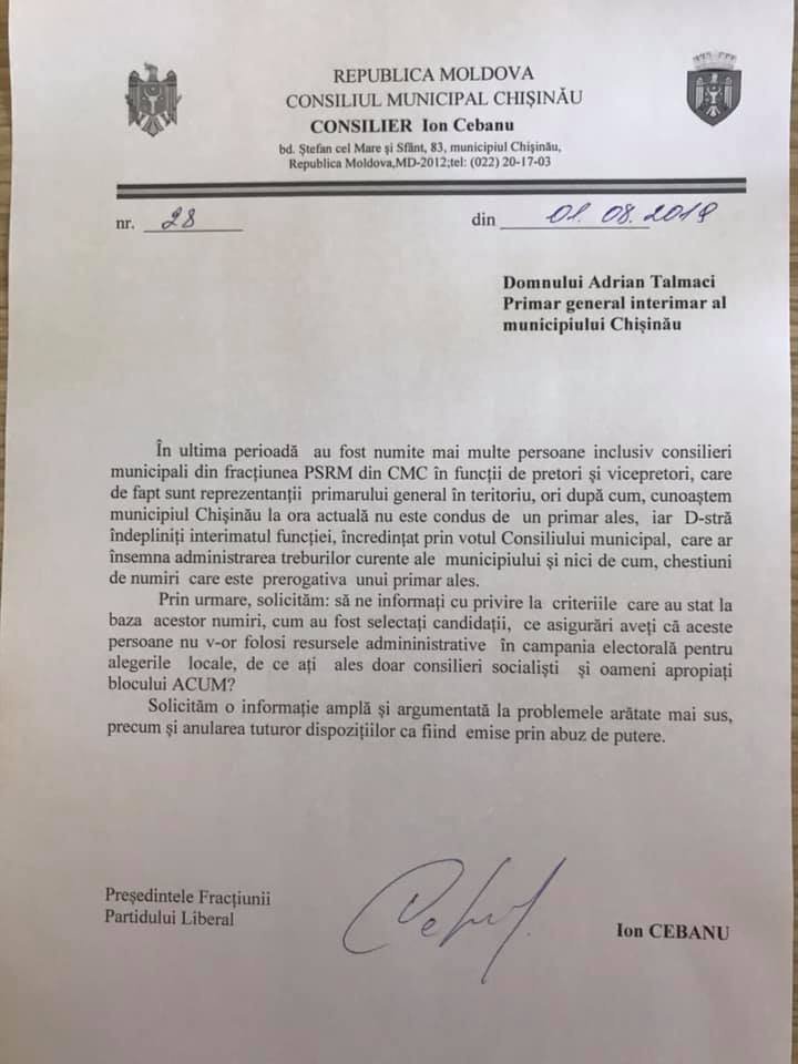 Liberal Ion Cebanu requests Chisinau Interim Mayor to annul PSRM-ACUM appointment for sector's head and deputy head