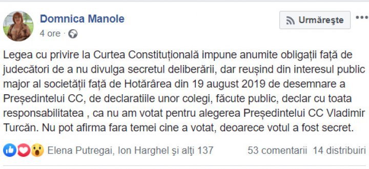 Domnica Manole violated deliberation secrecy and let on how she voted in CC President election 