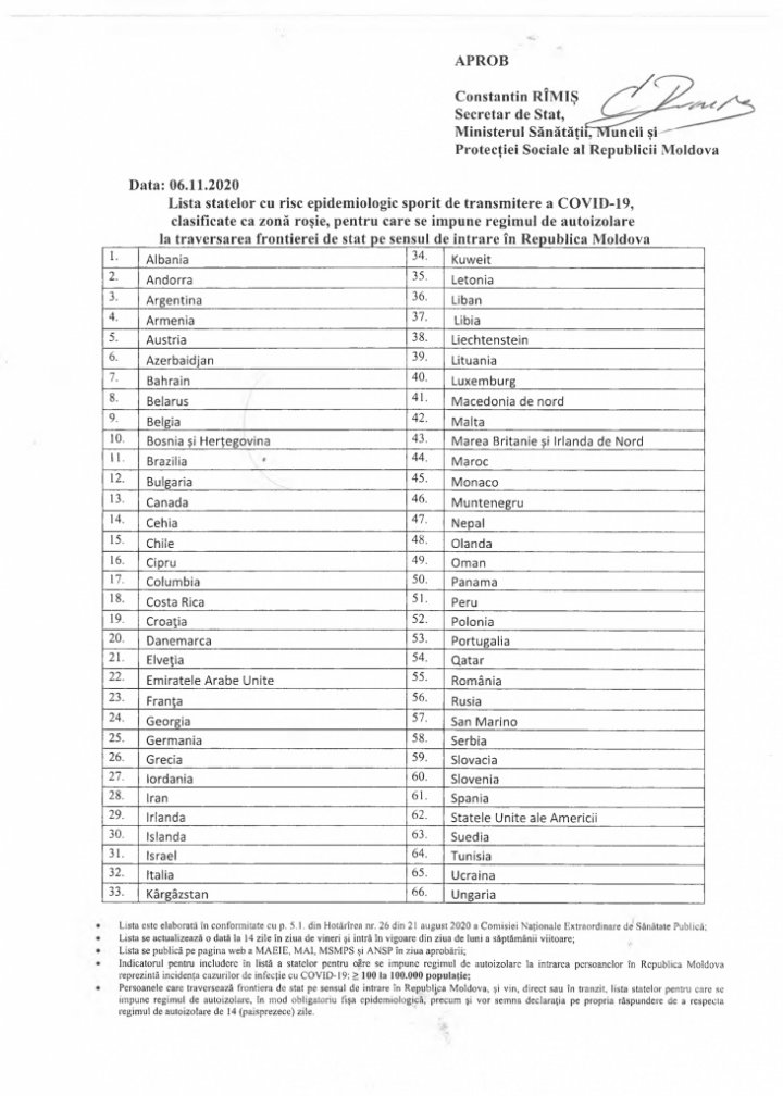 Citizens of these states must self-isolate upon arriving in Moldova