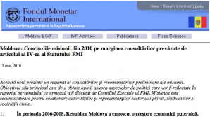 Moldova: Concluziile misiunii din 2010 pe marginea consultărilor prevăzute de articolul al IV-ea al Statutului FMI