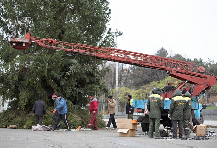 Chişinăul a intrat în febra sărbătorilor de iarnă. Oraşul este îmbrăcat în mii de beculeţe, iar bradul - împodobit cu globuri (FOTO)