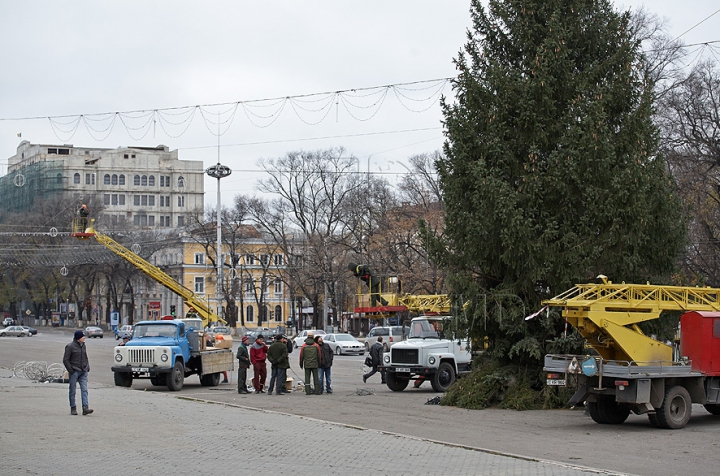 Chişinăul a intrat în febra sărbătorilor de iarnă. Oraşul este îmbrăcat în mii de beculeţe, iar bradul - împodobit cu globuri (FOTO)