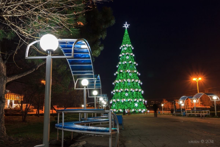 Este mai înalt decât cel din Chişinău. La Tiraspol a fost inaugurat Pomul de Crăciun (GALERIE FOTO)