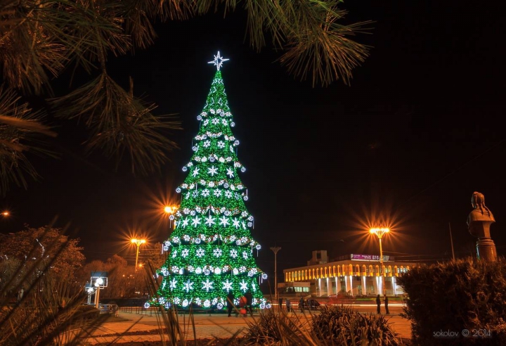 Este mai înalt decât cel din Chişinău. La Tiraspol a fost inaugurat Pomul de Crăciun (GALERIE FOTO)