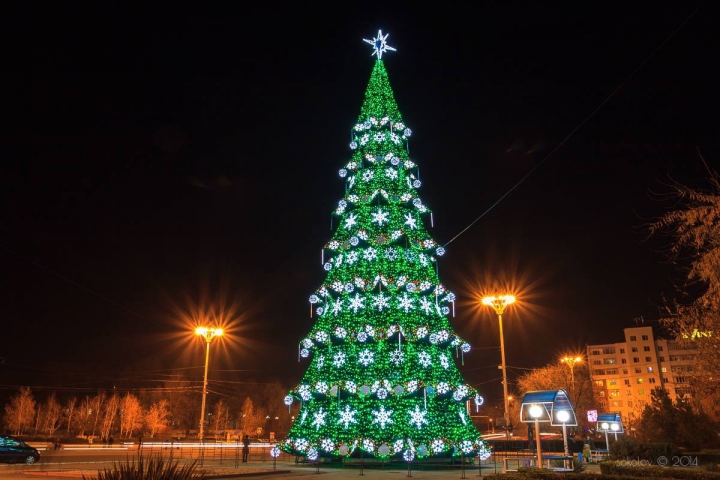 Este mai înalt decât cel din Chişinău. La Tiraspol a fost inaugurat Pomul de Crăciun (GALERIE FOTO)