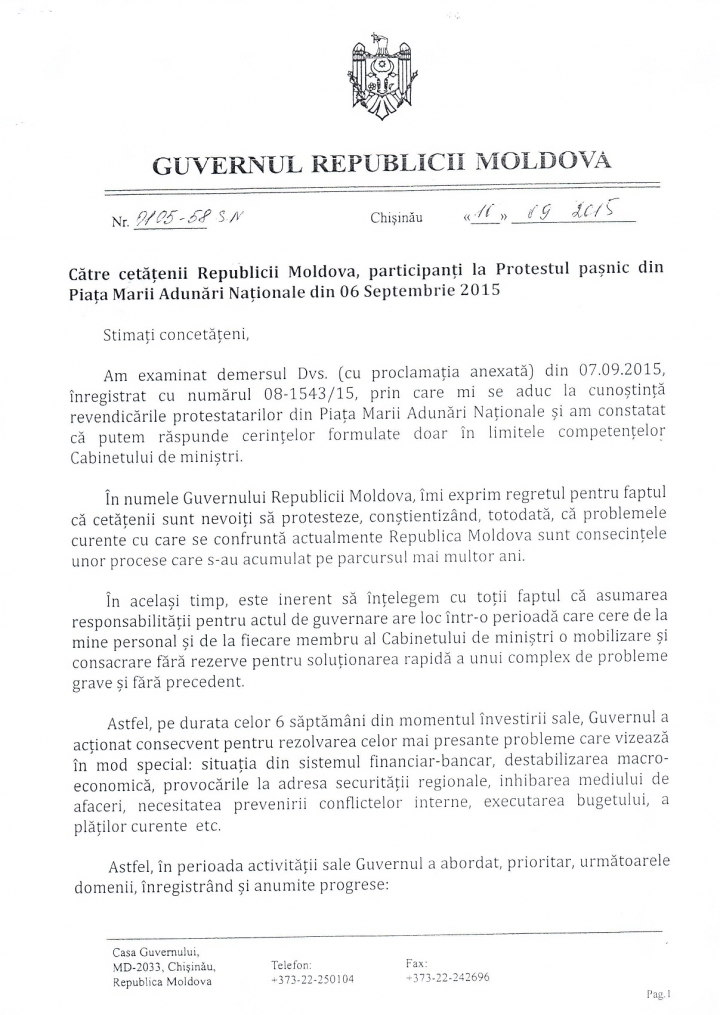 RĂSPUNSUL premierului Valeriu Streleţ la demersul protestatarilor din Piaţa Marii Adunări Naţionale