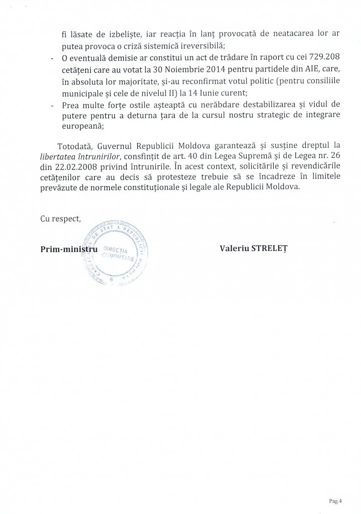 RĂSPUNSUL premierului Valeriu Streleţ la demersul protestatarilor din Piaţa Marii Adunări Naţionale