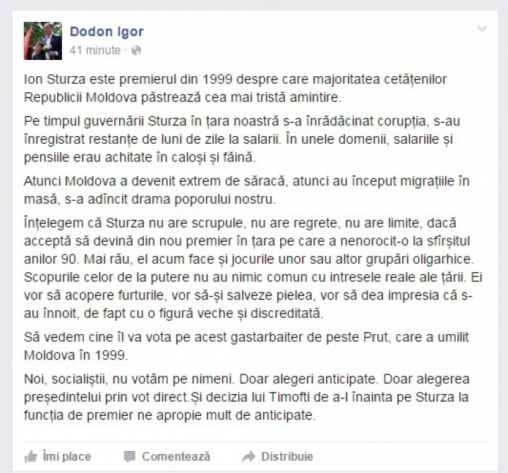 Igor Dodon despre candidatura lui Ion Sturza: "Nu vom vota un gastarbaiter de peste Prut"