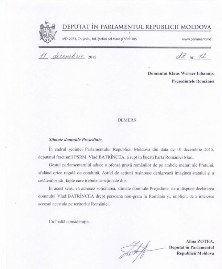 Gestul socialistului Bătrîncea i-a supărat pe liberali. Ce i-a scris Alina Zotea lui Klaus Iohannis (DOC)