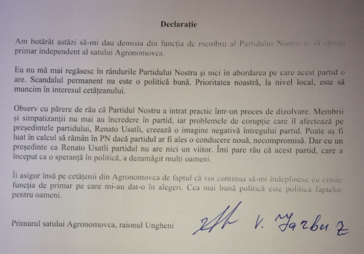 Partidul penalului fugar Usatîi SE DIZOLVĂ! Un primar şi un consilier raional au părăsit formaţiunea (DOC)