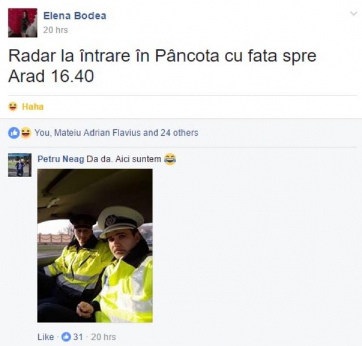 O şoferiţă a avertizat pe Facebook: "Radar la intrarea în Pâncota". Răspunsul poliţiştilor a fost GENIAL