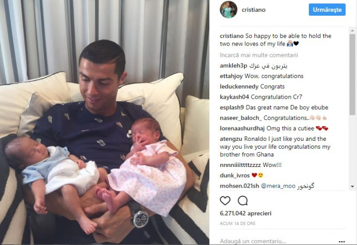 IPOSTAZĂ EMOŢIONANTĂ! Cristiano Ronaldo a postat prima fotografie alături de gemenii săi (FOTO)