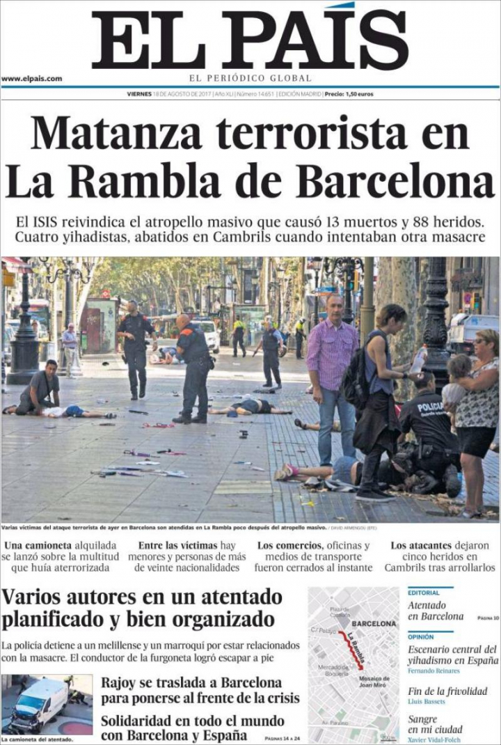 Presa din întreaga lume, atrocitată de atacul din Barcelona. Cum arată prima pagină a ziarelor europene de azi (FOTO)